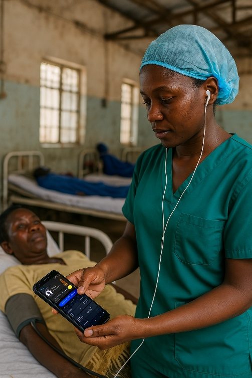 A nurse using Pulsonics on a smartphone at a patient's bedside