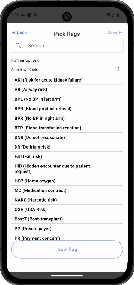 Choosing risk flags in Pulsonics, such as fall risk, airway risk and do not resuscitate