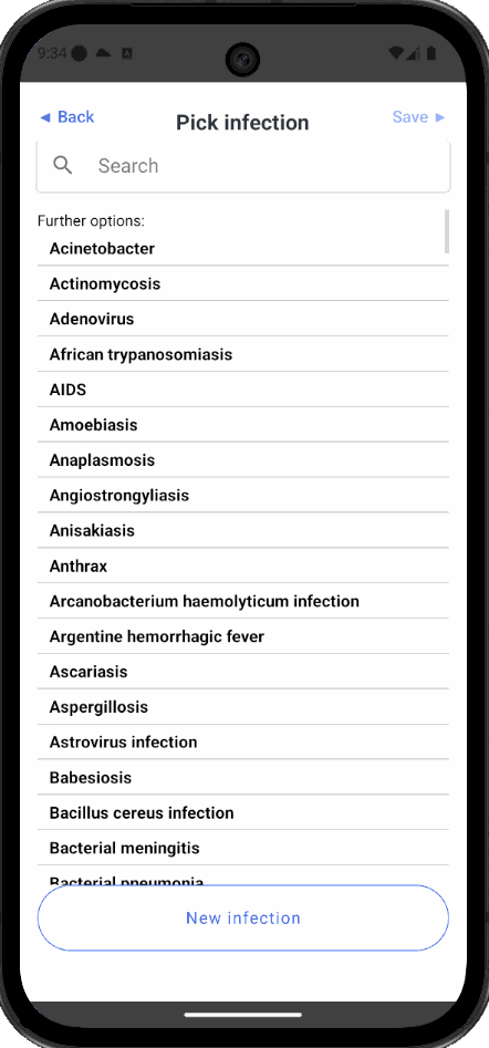 Choosing an infection from the Pulsonics catalogue, with search and the option to add a new entry