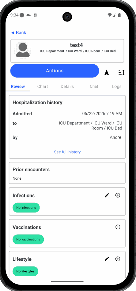 The Pulsonics patient review screen: hospitalisation history, prior encounters, infections, vaccinations and lifestyle