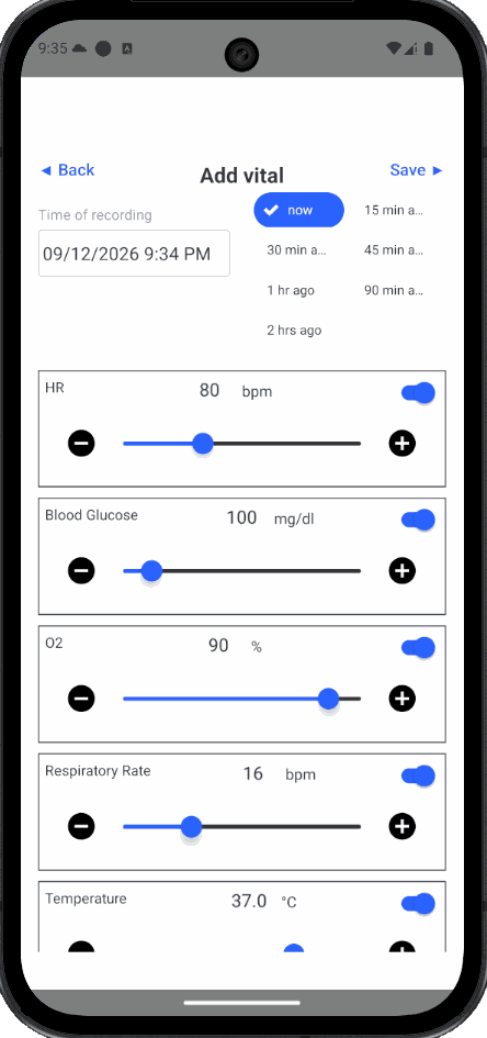 Recording vitals in Pulsonics: heart rate, blood glucose, oxygen saturation, respiratory rate and temperature